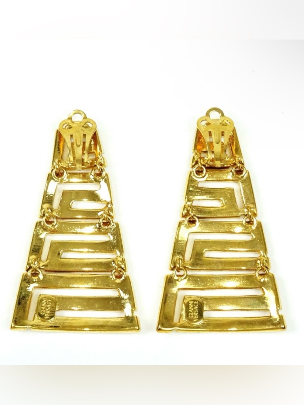 Gianni Versace Gold Greek Key Pyramid Drop Earrings - Picture 2 of 4
